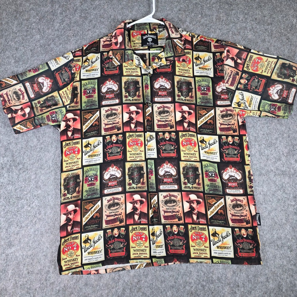 Vintage Jack Daniels Dragonfly Button Shirt 2003 Whiskey All Over Print XL y2k